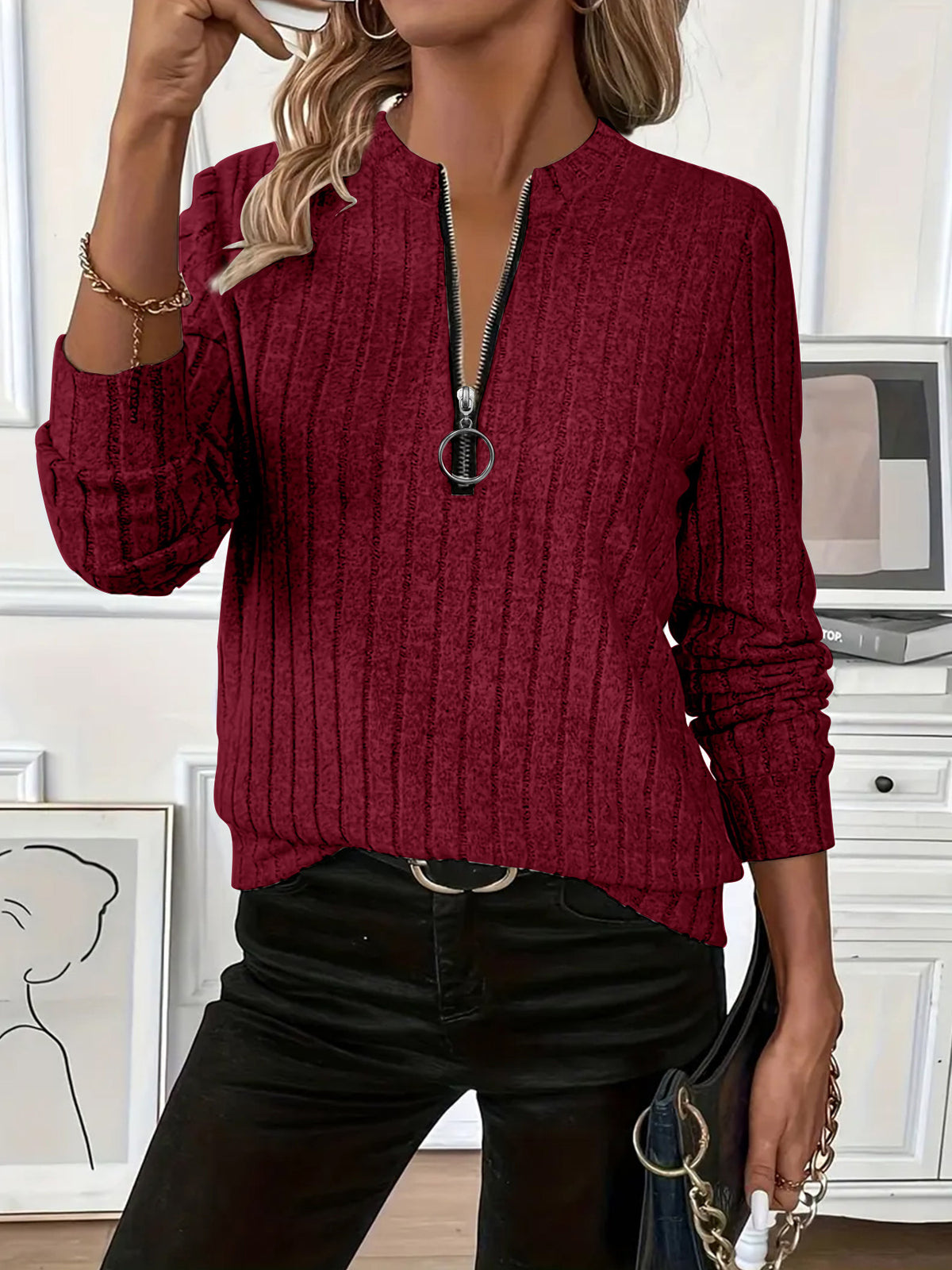 Exporse™ Women's Ribbed Knit Zipper Top